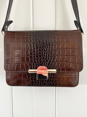 Massimo Dutti Dark Brown Croc-Embossed Crossbody Bag